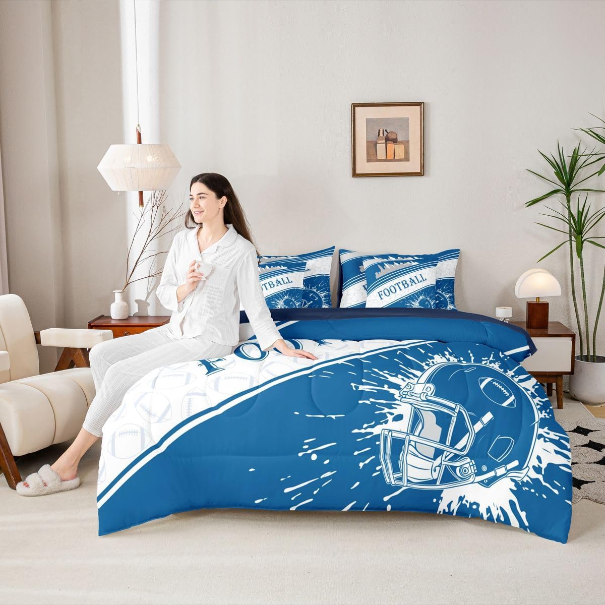 Feelyou Rugby Sports 7 Pieces Comforter Sets Queen Size Football Bedding Set for All Season Football City Bed in a Bag with Comforter, Sheets, Pillowcases & Cushion Cover