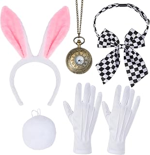 White Bunny Accessory Set, Bunny Costume with Headband Bow Tie, Tail, Gloves, Pocket Watch for Women, Halloween Rabbit Costume, for Women for Role Play and Party