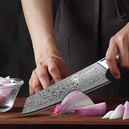 Miniatura 5 de LEVINCHY Cuchillo de chef de Damasco de 8 pulgadas con mango ergonómico de madera de Pakka, cuchillo de cocina profesional japonés de acero Damasco