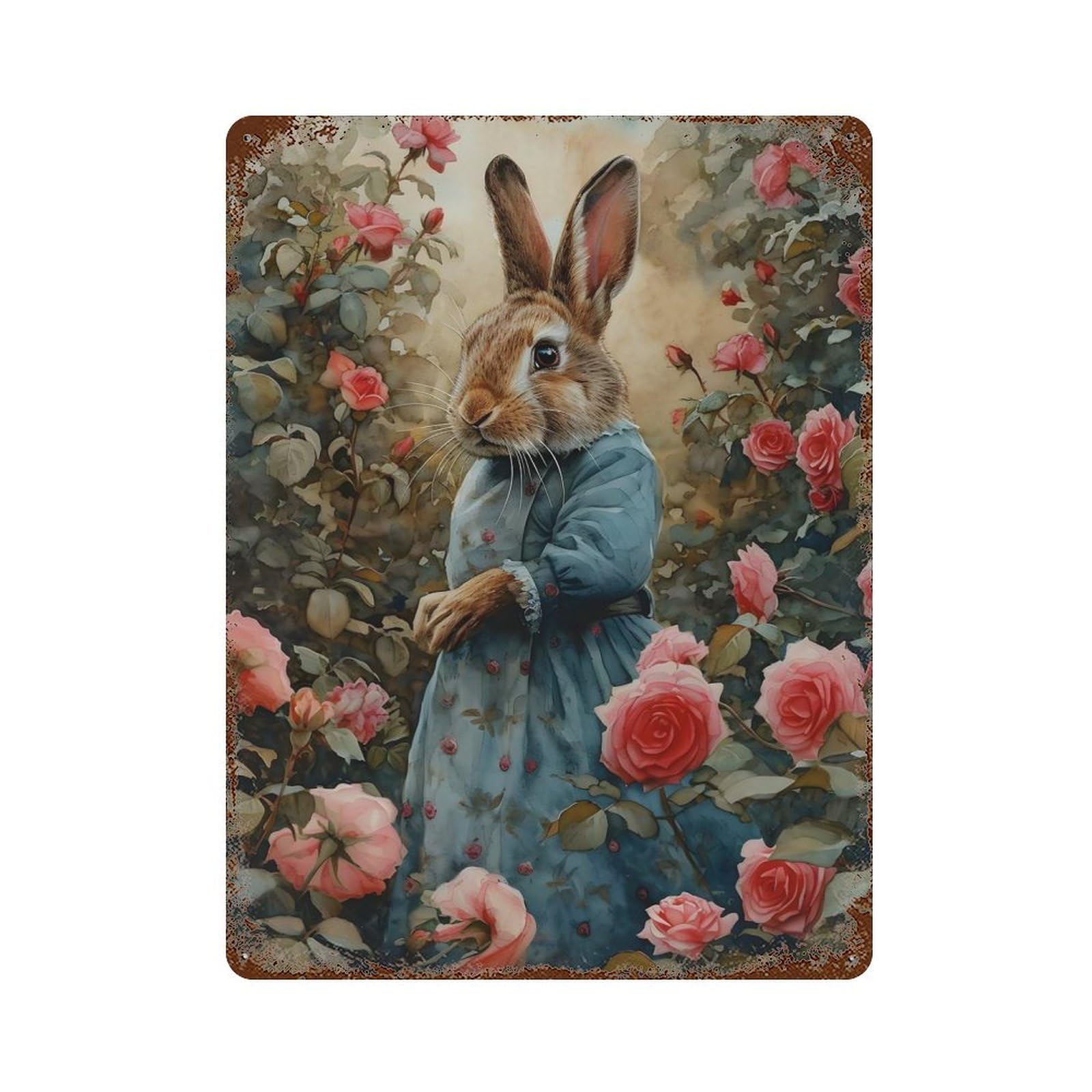 Mrs. Rabbit in A Rose Garden Rusty Metal Tin Sign 15.7"x11.8", Classic Wall Plaque for Pub, Kitchen And Man Cave Decor