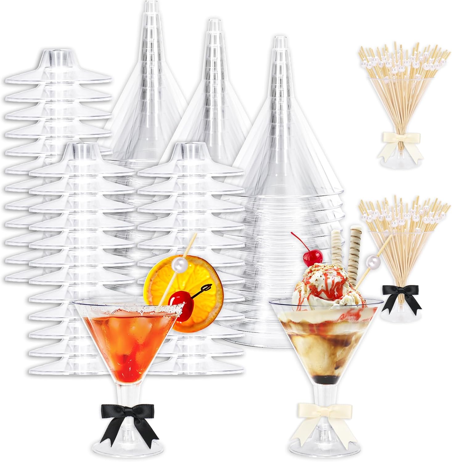 80 Pack 7oz Plastic Martini Glasses with Pearl Cocktail Picks and Black Champagne Bow Disposable Goblet Clear Stemmed Wine Cup for Margarita Dessert Bachelorette Bridal Shower