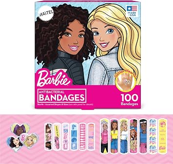 Barbie Antibacterial Kids Bandages, 3 Assorted Sizes 100 CT | Wear Like Stickers, Flexible Adhesive Bandages for Minor Cuts, Scrapes, and Burns. Great Gift idea for Kids