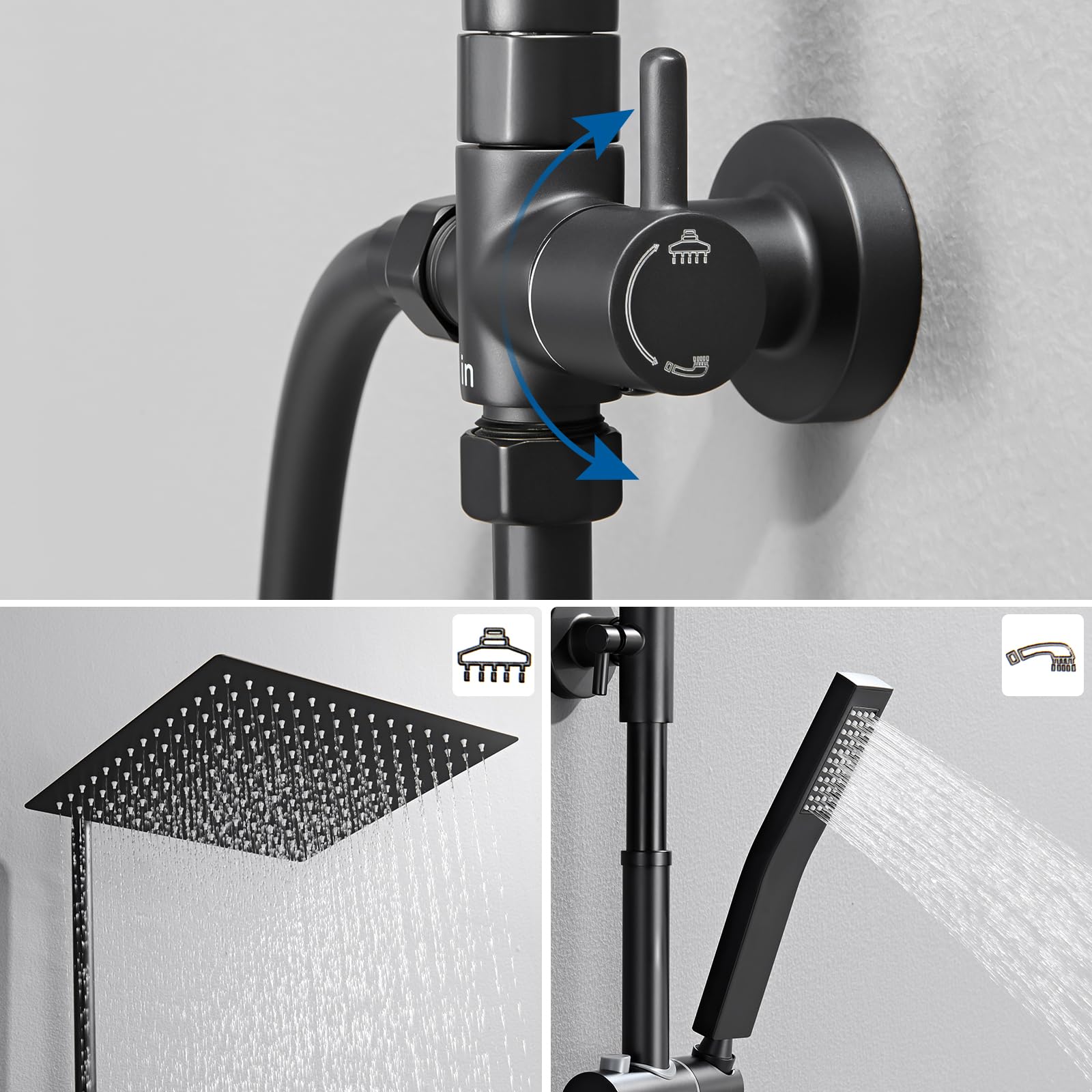 Auralum Columna Ducha Negra sin Grifo, Set de Ducha con Cabezal de Ducha Lluvia 30×30 cm Cuadrado Acero Inoxidable, Alcachofa, Barra de Ducha Altura Regulable 68-108cm,válvula desviadora de Latón