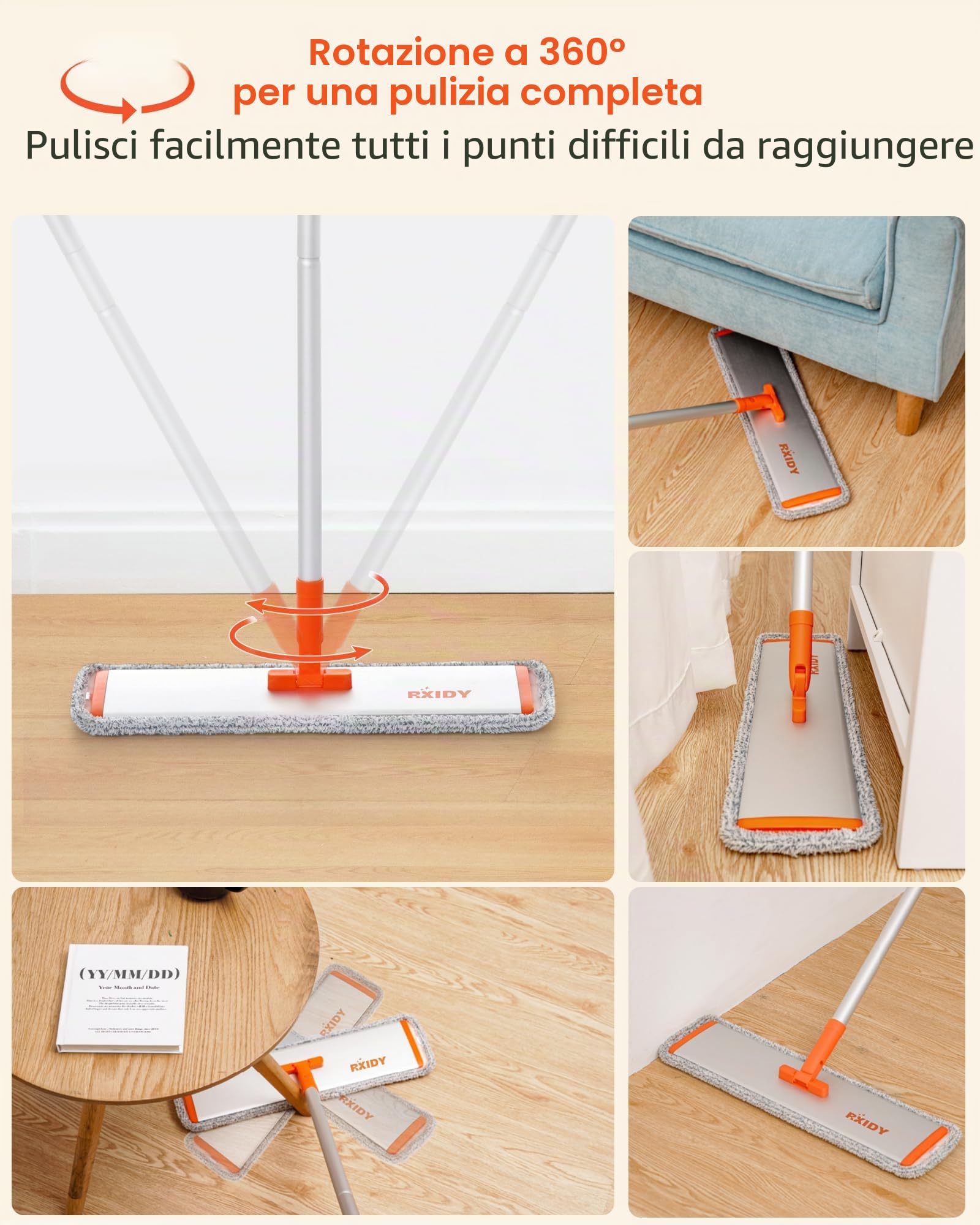 Mocio in microfibra grande, piatto, con 4 panni riutilizzabili e lavabili, professionale con manico in alluminio, mocio umido e antipolvere, per pavimenti in laminato e vinile