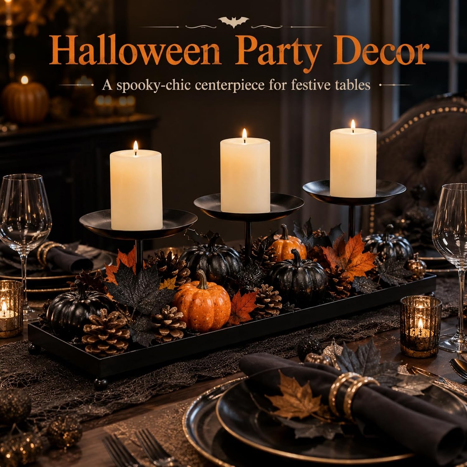 3 Pillar Candle Holders Centerpiece, Fall Dining Room Table Decor