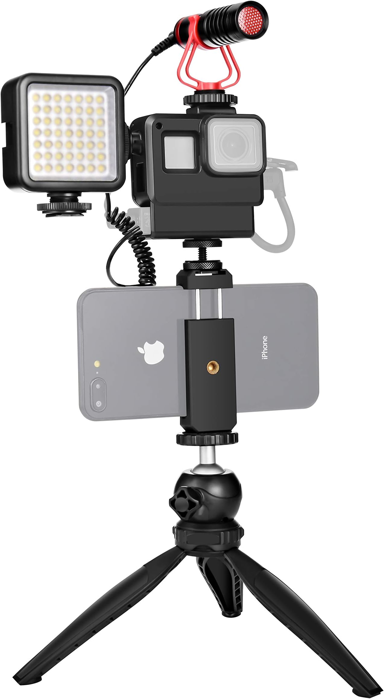 GoPro Housing Case with Microphone, LED Light, Phone Holder, Tripod for Gopro Hero 5 6 7 Vlog, Live Stream, YouTube, Asmr Audio Video Accessories Kit