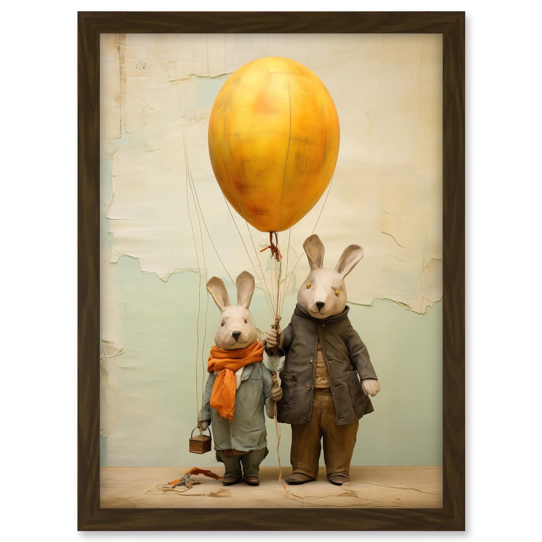 Artery8 Cute Nursery Artwork Rabbits and Balloon Adventure Oil Painting Artwork Framed A3 Wall Art Print
