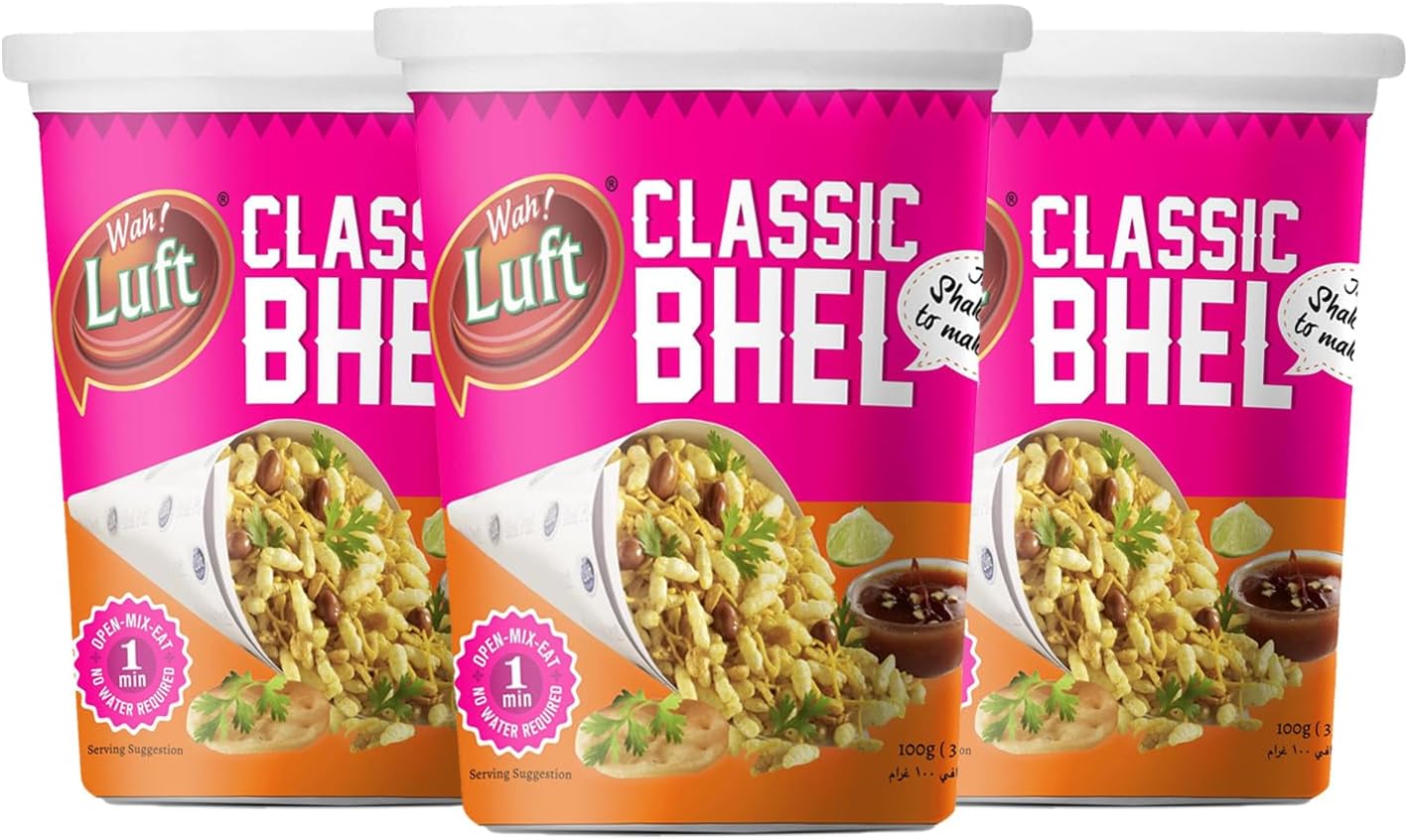 Wah Luft Bhel Puri Cup - 100g (Pack of 3), Instant & Delicious Namkeen Snack, Ready-to-Eat Crunchy Bhel Puri, Tasty & Convenient Indian Snack