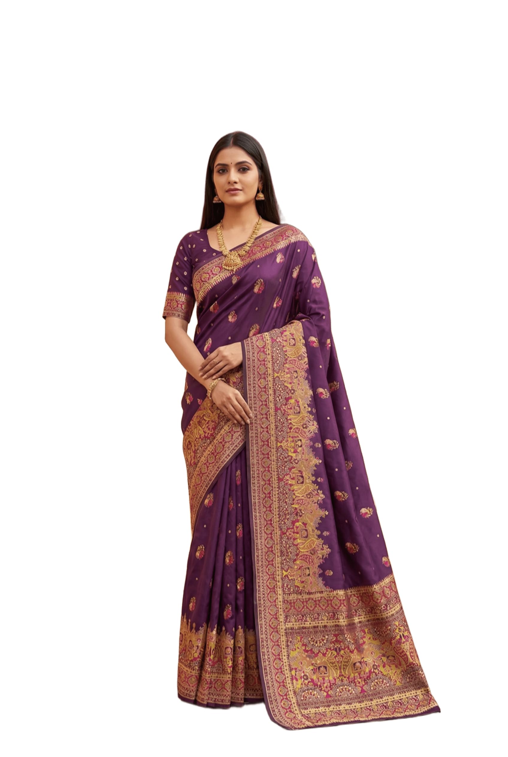 Royal Pashmina Silk Saree for Women with Paithani Inspired Paisley Border, Elephant Floral Motif Pallu & Contrast Blouse Piece-image-27
