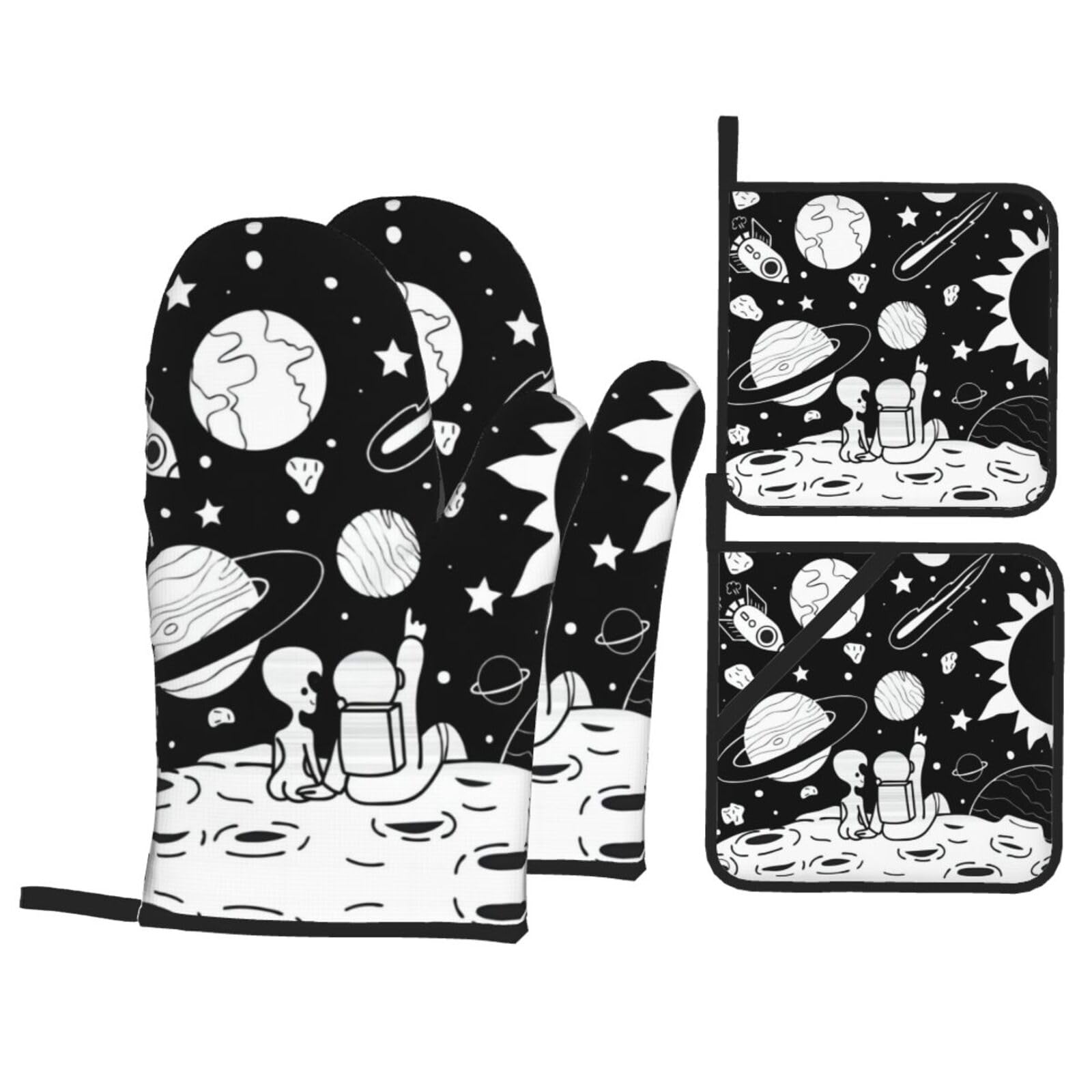 Astronaut Printed Baking 4-Piece Set, includes oven mitts and a heat-resistant mat, suitable for oven and BBQ use