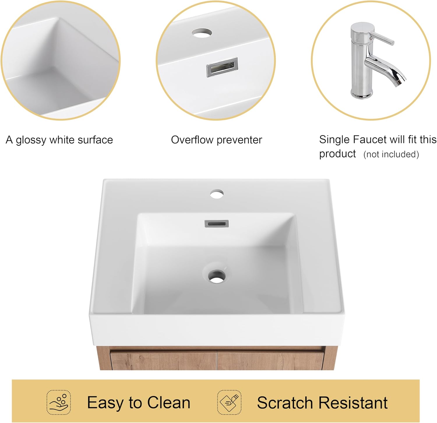 Malwee 24 Inch Floating Bathroom Vanity with Sink, 24'' Single Sink Wall Mounted Bathroom Vanity, with 2 Doors and White Resin Basin Top, Wall Hung Storage Cabinet Set (035-24)