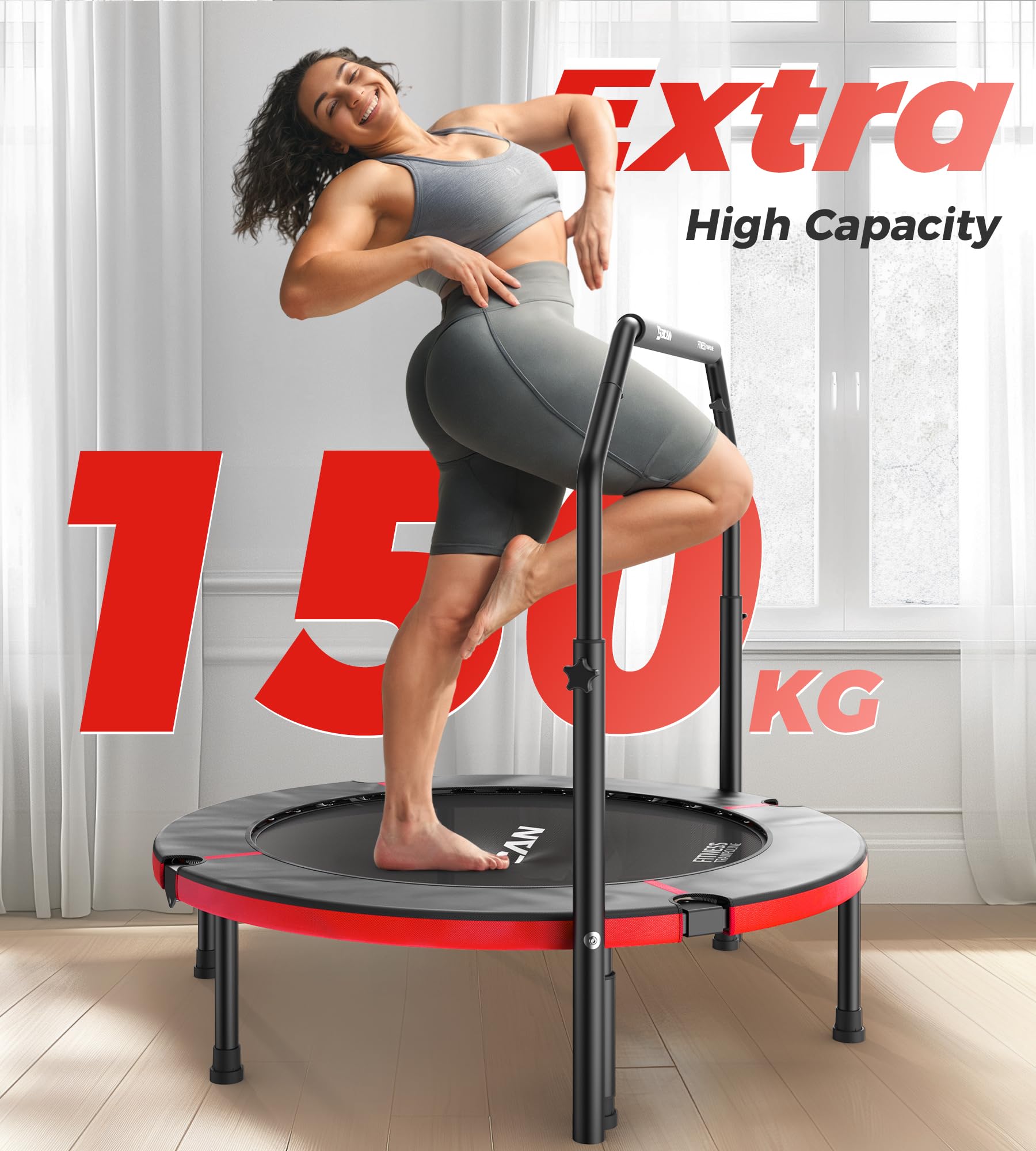BCAN Trampolina do wnętrz, 102 cm Trampolina do skakania Fitness, składana, nośność 150 kg, wzmocniona sprężyna, regulowany uchwyt z wyściółką piankową, odpowiednia dla dorosłych i dzieci