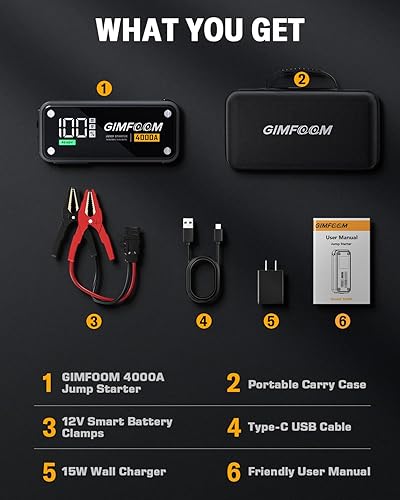 Miniatura 7 de Arrancador de salto, batería de arranque de 4000 A con cargador de pared (motores de gas de 10 L y diésel de 10 L), batería de 12 V para automóvil