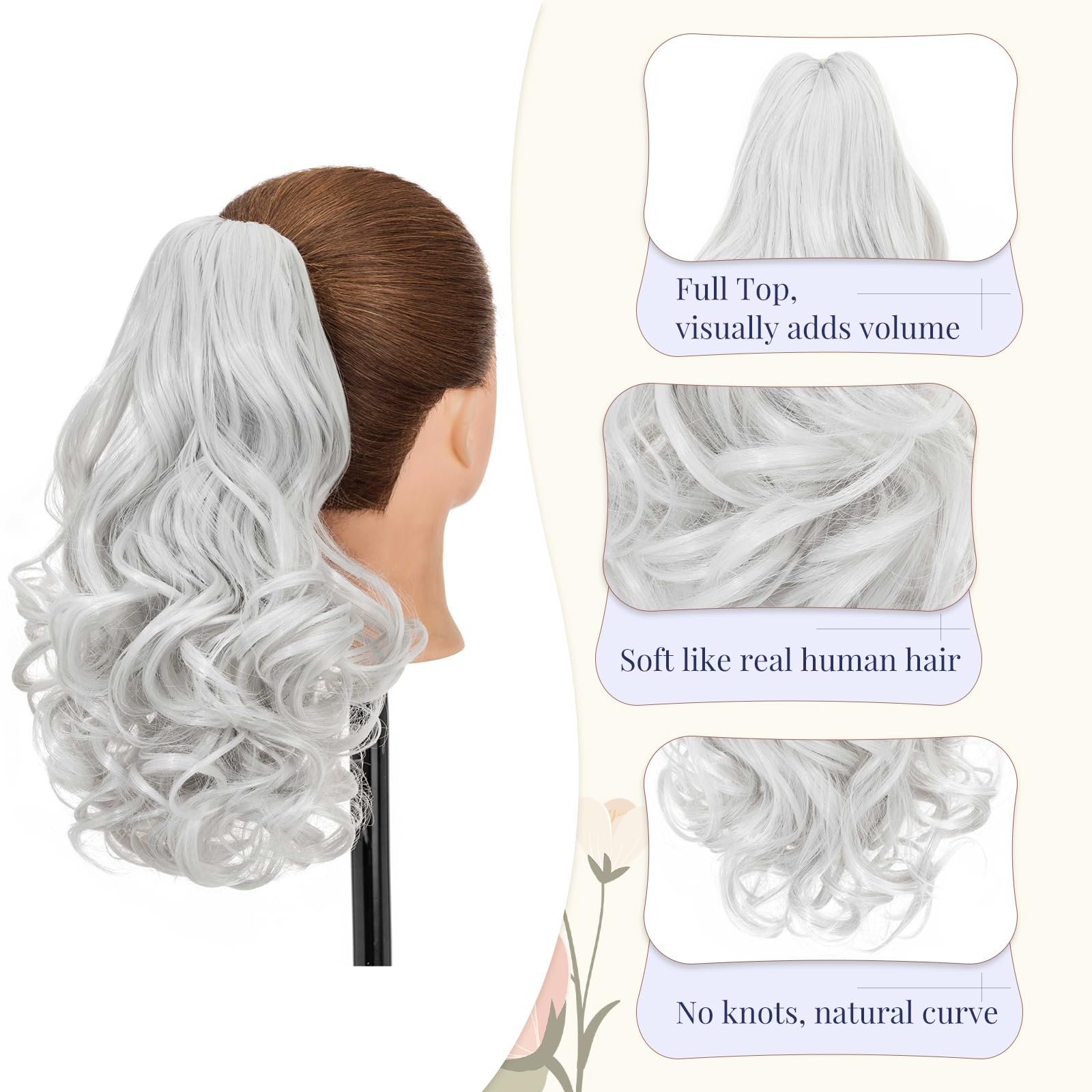 TESS Claw On Ponytail Extension Matte Material 14 Inch/37cm Curly Wavy Clip In Pony tail Synthetic Hairpiece, Silver Gray - Image 3