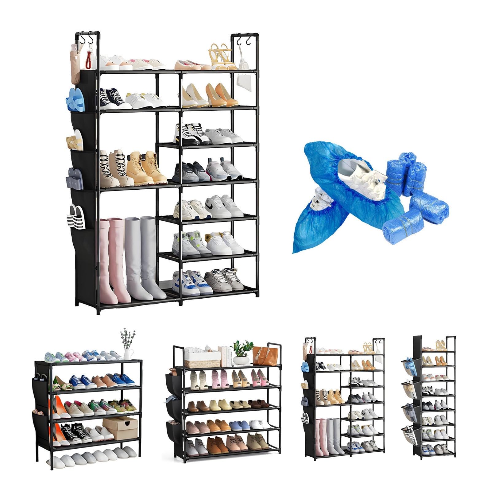 Scarpiera organizer – Mensola autoportante con tasche laterali e copriscarpe usa e getta, facile da montare, design salvaspazio