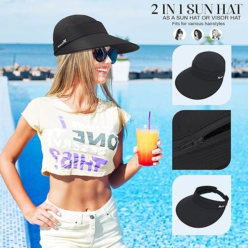 Miniatura 2 de Sombreros de sol para mujer, protección UV, ala ancha 2 en 1, visera con cremallera, sombrero de playa de verano, sombrero de golf plegable para