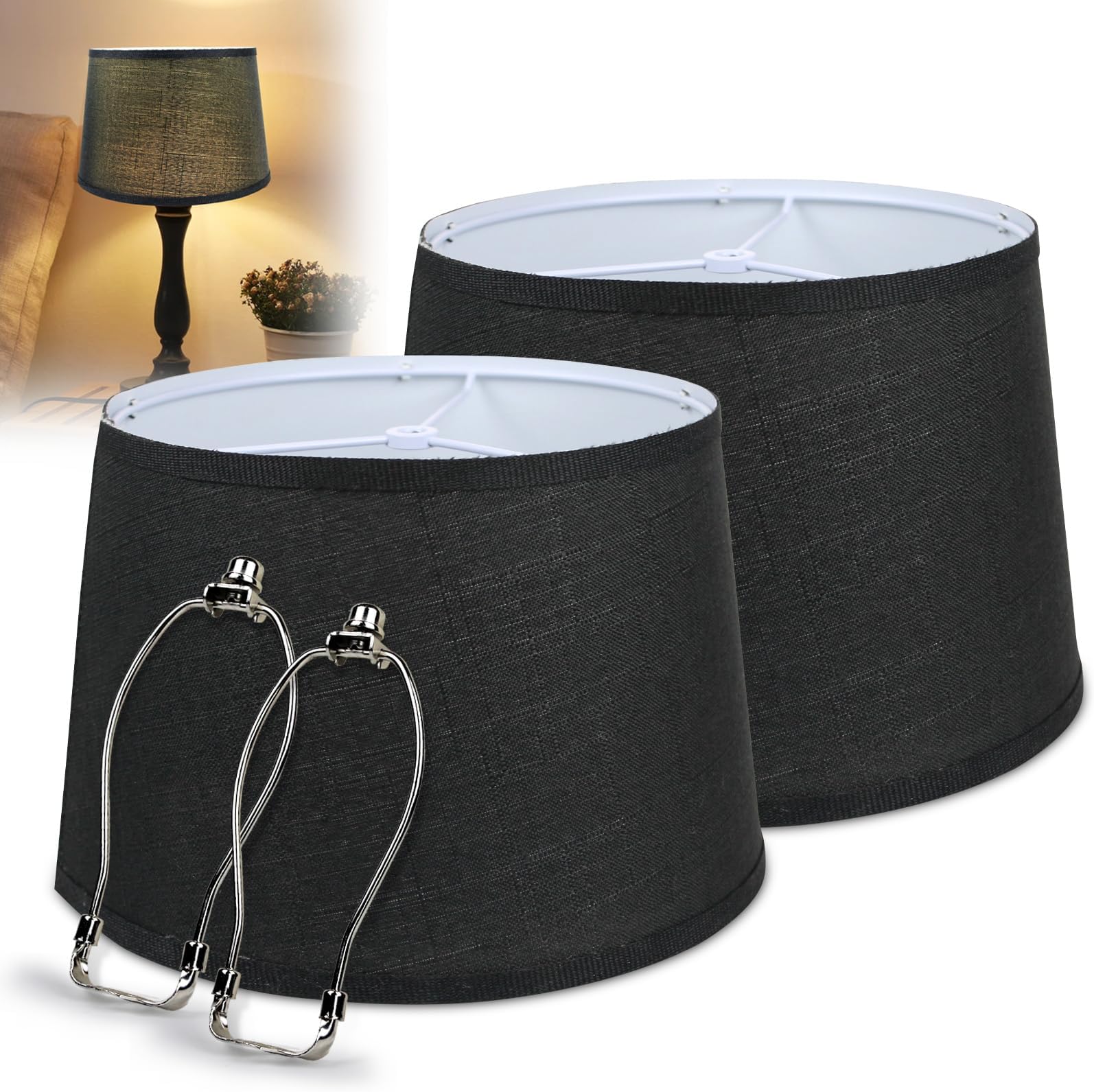 PORRUNNY Lamp Shades Set of 2 Drum Lamp Shades for Table Lamps and Floor Lamps with 2 PCS 7 inch Harp, Medium Fabric Lampshades, Black Lampshades Natural Linen Hand Crafted (10 x 12 x 8inch)
