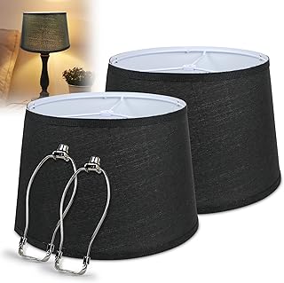 Lamp Shades Set of 2 Drum Lamp Shades for Table Lamps and Floor Lamps with 2 PCS 7 inch Harp, Medium Fabric Lampshades, Black Lampshades Natural Linen Hand Crafted (10 x 12 x 8inch)