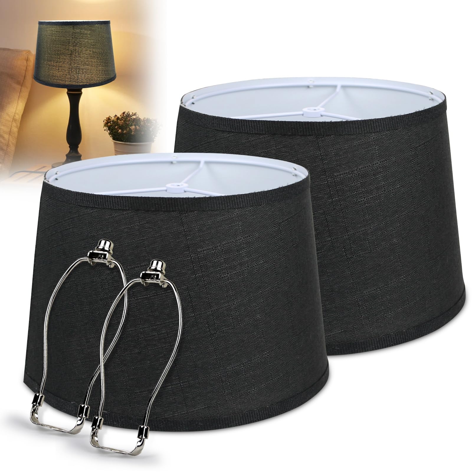 PORRUNNY Lamp Shades Set of 2 Drum Lamp Shades for Table Lamps and Floor Lamps with 2 PCS 7 inch Harp, Medium Fabric Lampshades, Black Lampshades Natural Linen Hand Crafted (10 x 12 x 8inch)