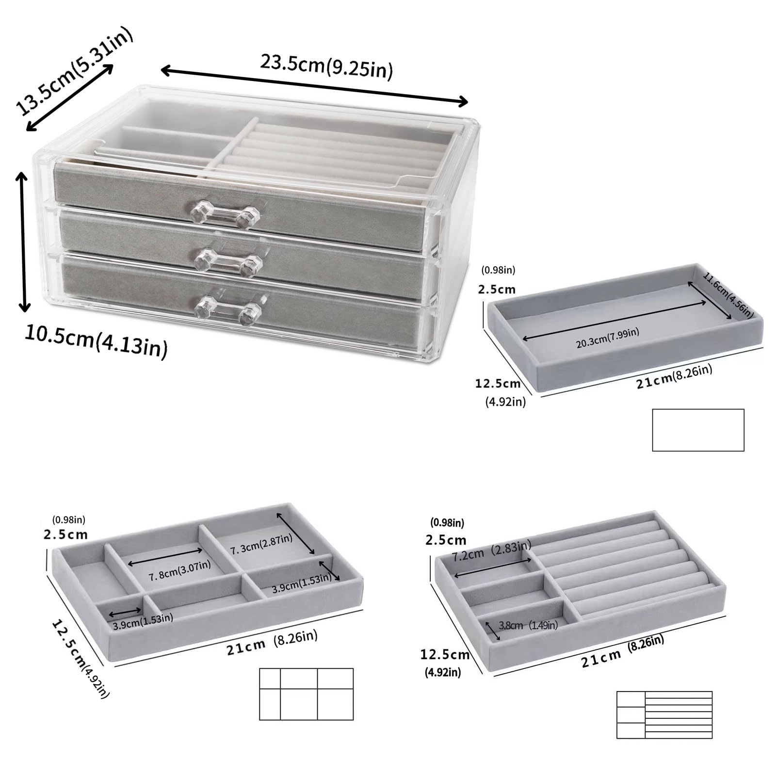 Organizer trasparente per gioielli con 5 cassetti, organizer per orecchini, scatole per gioielli da donna, espositore per orecchini in acrilico per riporre collane, orecchini anelli, grigio