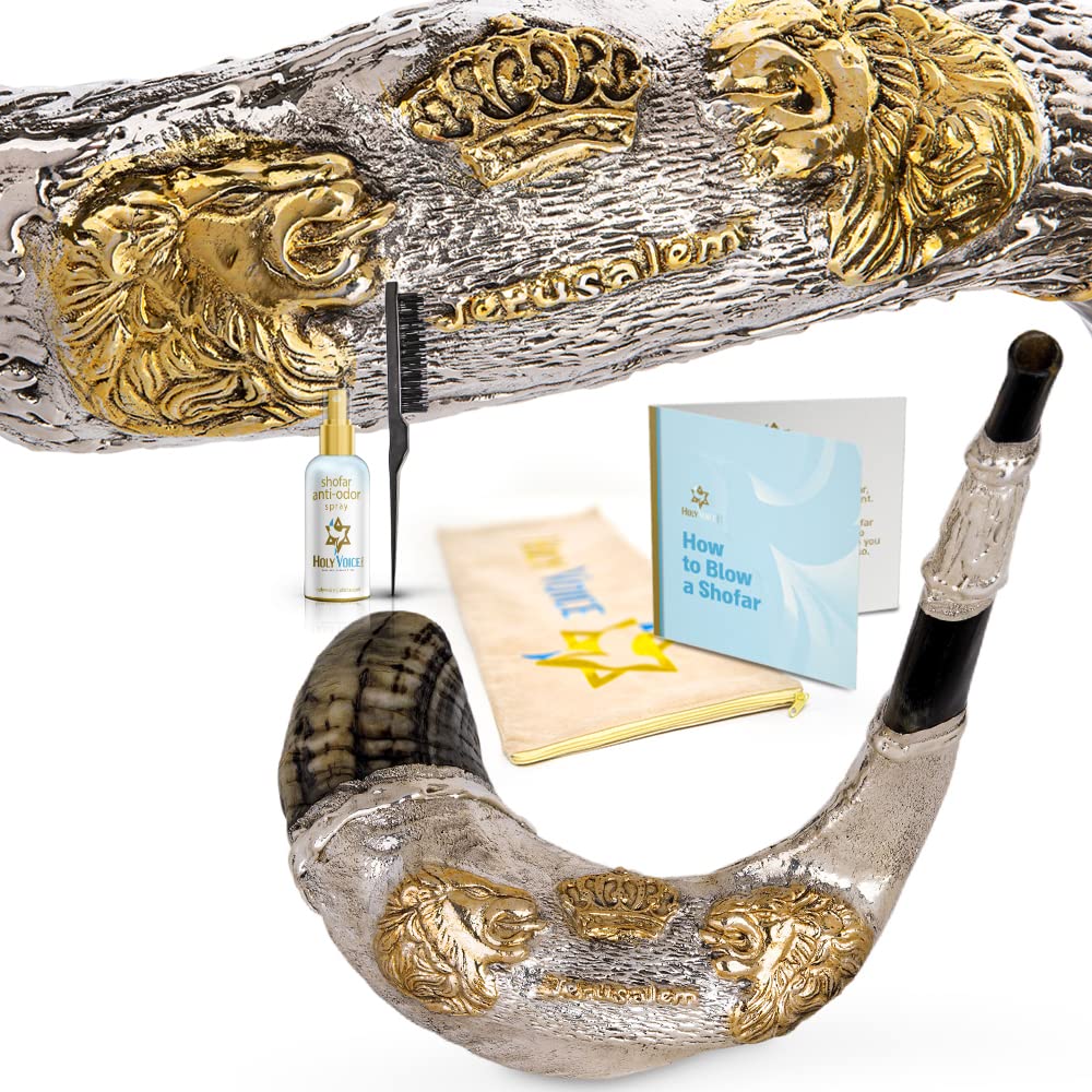 Holy Voice Sterling Silver-Plated "Lions & Crown" Decoration Ram Shofar 24"-26" With Shofar Stand, Carrying Bag and Cleaning Brush