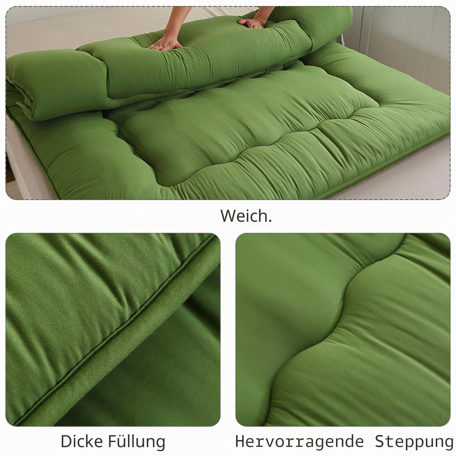 Japanische Bodenmatratze, Japanisches Bodenbett,Futon-Matratze, Tatami, faltbares Bett, aufrollbare Isomatte für Erwachsene, Gästezimmer, Schlafzimmer (Grün, 150x200 cm)