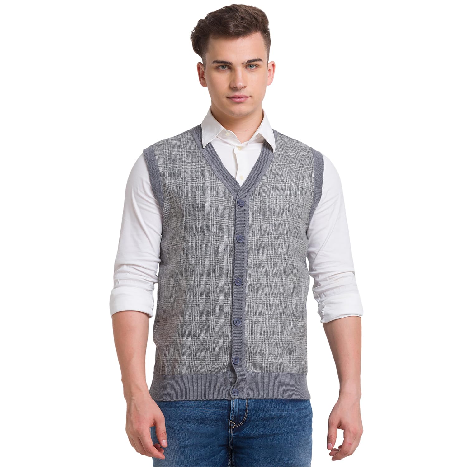 colorplus Men's Classic Fit Polyester Blend Checks Pattern V Neck Sleeveless Grey Casual Sweater-picture-51