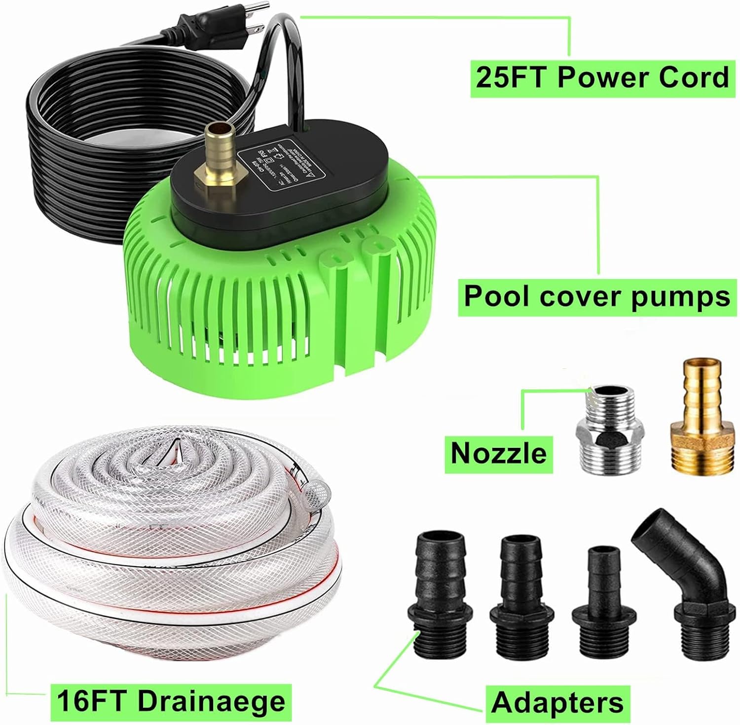 Pool Cover Pump Above Ground，Submersible Water Sump Pump Swimming Water Removal Pumps, with 16 Feet Drainage Hose & 25 Feet Extra Long Power Cord, 850 GPH inGround, 6 Adapters