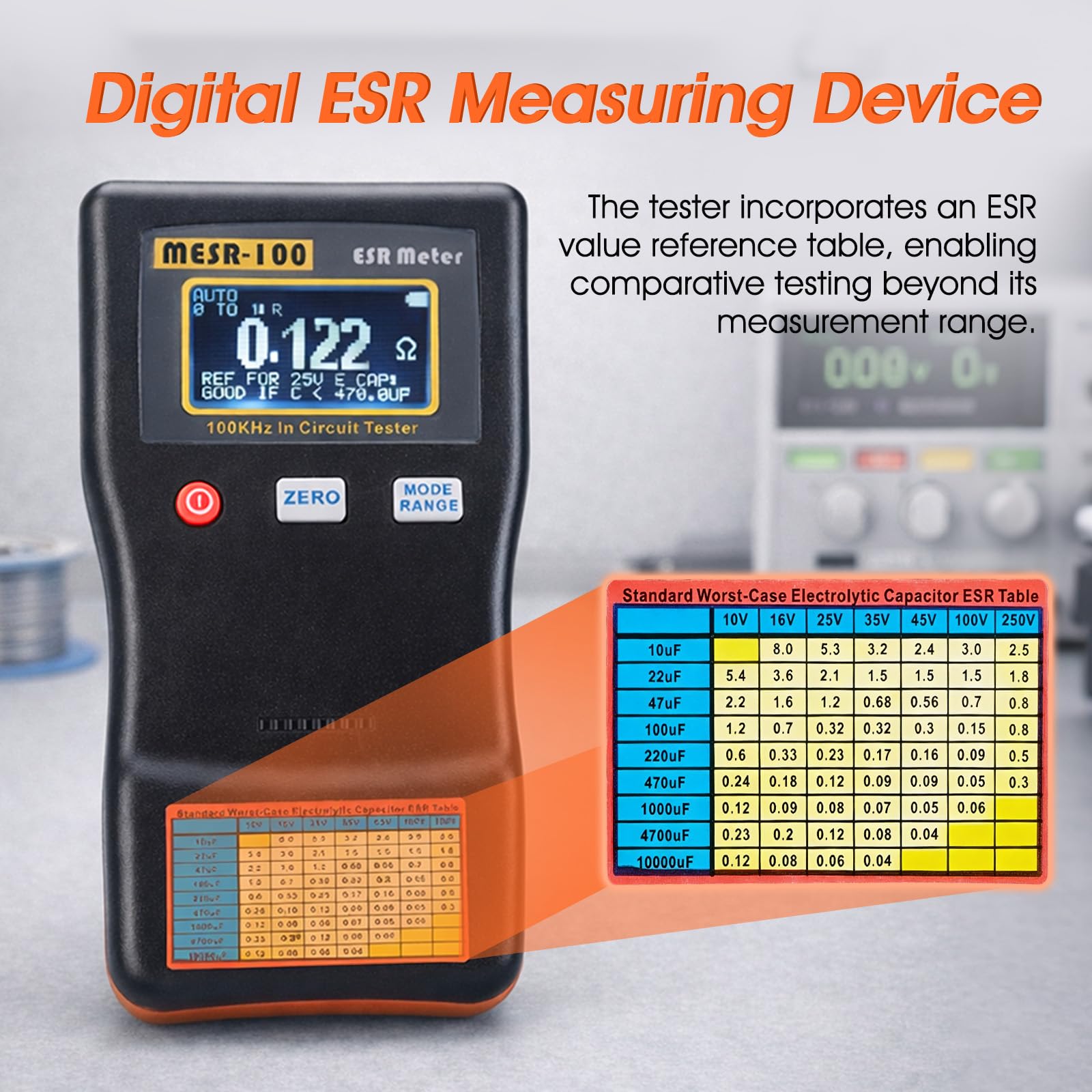 Testeur ESR à condensateur ESR 0,001 ~ 100,0 Ω, ESR 100 KHz onde sinusoïdale portable, condensateur LCD ESR, compteur de capacité pour réparation électronique