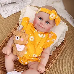Bebe Reborn Menina de Silicone Realista Boneca Vestido Amarelo Presente da Menina Pintado Cabeça Pode dar Banho (48cm Olhos Azuis)
