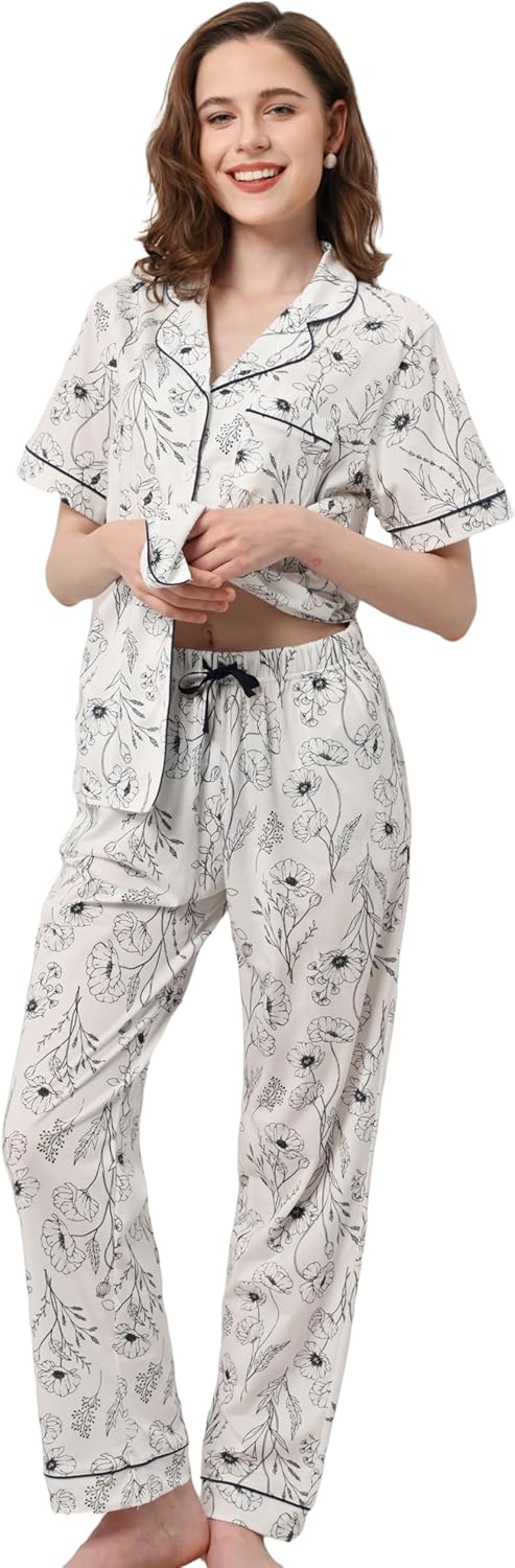 100% Cotton Pajamas for Women Sets 2 Pieces Pjs Button short sleeves with Pockets Soft Sleepwear Loungewear XS-XXL