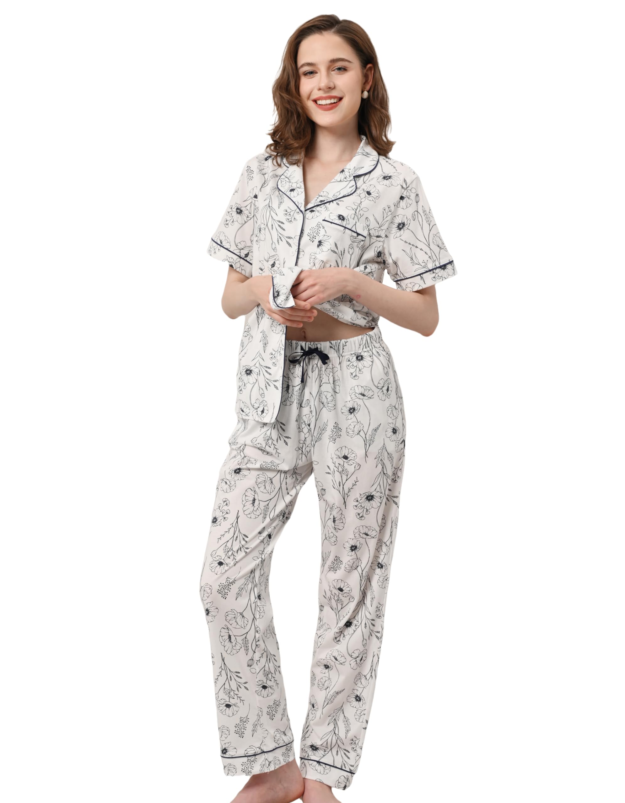 NAP BOUND 100% Cotton Women's Pajama Sets Short Sleeve Button Down Soft Pjs 2 Piece Lounge Set with Pocket Nightwear XS-XXL