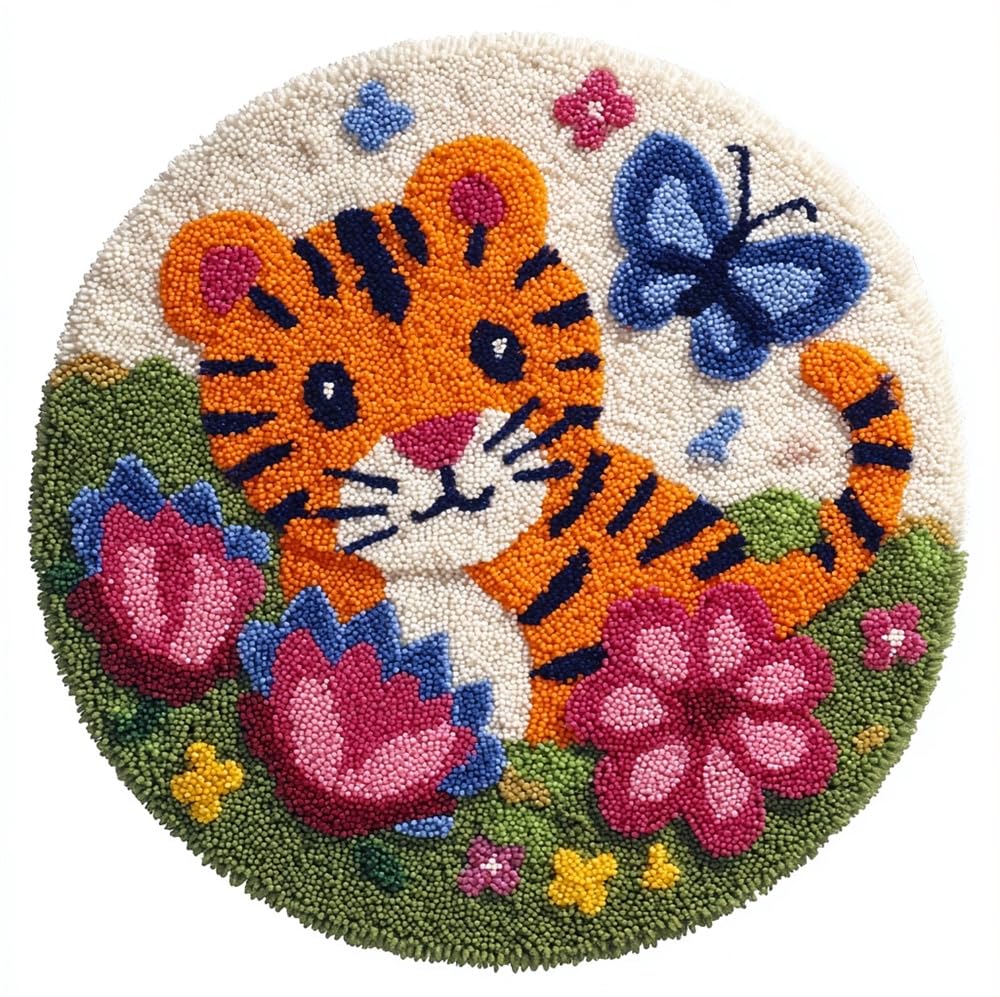 kitphoenix Round Latch Hook Rug Kit,Tiger and Butterfly