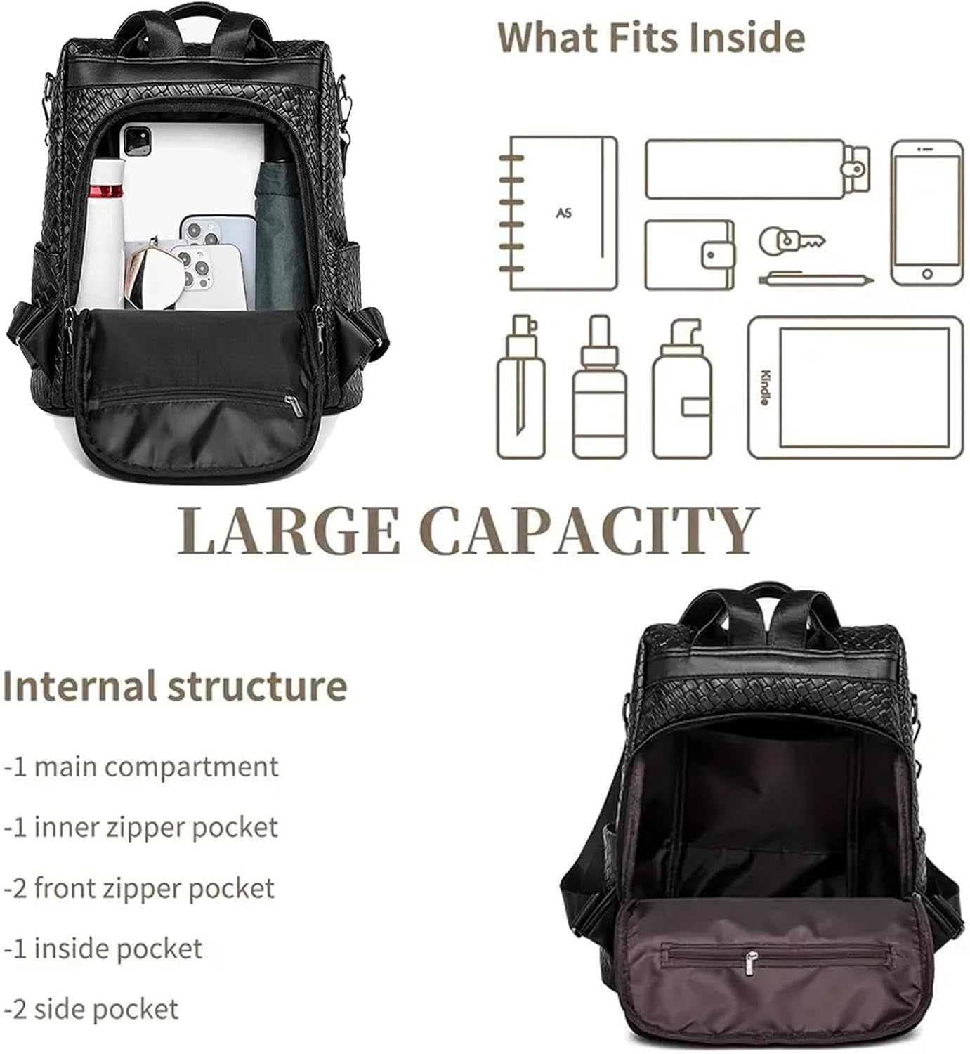 Woven Leather Backpack Purse for Women Waterproof Anti-theft Multipurpose Design Convertible Satchel Handbags (White) - Image 4