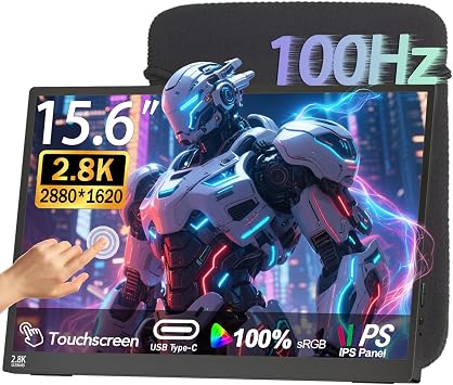 15.6" 100Hz Portable Monitor Touchscreen 1080P 10-Point Touch Screen Monitor Portable with Protective Sleeve Built-in Stand, 12001 HDMI USB C Travel Monitors for Laptop, PC, Phone