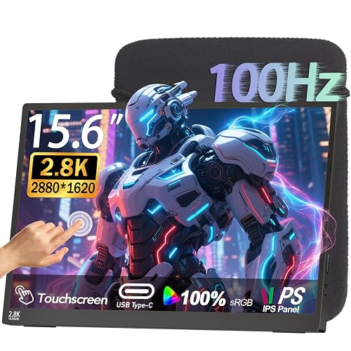 Viyivwine 15.6" 100Hz Portable Monitor Touchscreen 1080P 10-Point Touch Screen Monitor Portable with Protective Sleeve Built-in Stand, 1200:1 HDMI USB C Travel Monitors for Laptop, PC, Phone - Black - 15.6"