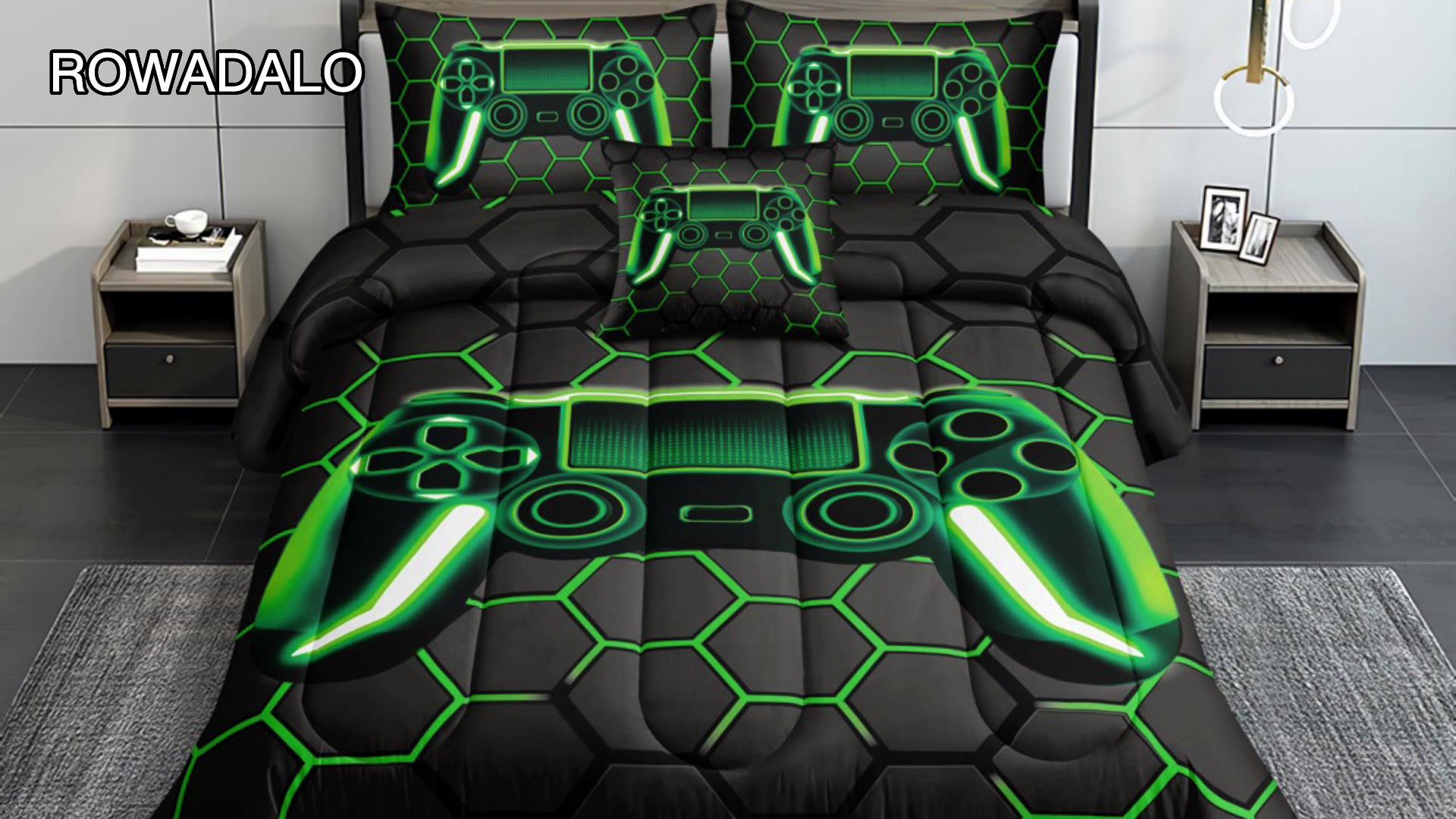 ROWADALO 6 Pieces Gaming Bedding Set for Boys Gamer Comforter Set Queen Size,Game Controller Comforter for Boys Kids Adult 3D Gamepad Microfiber Bedding 6 Pieces Bed in A Bag Sets H50023,Queen
