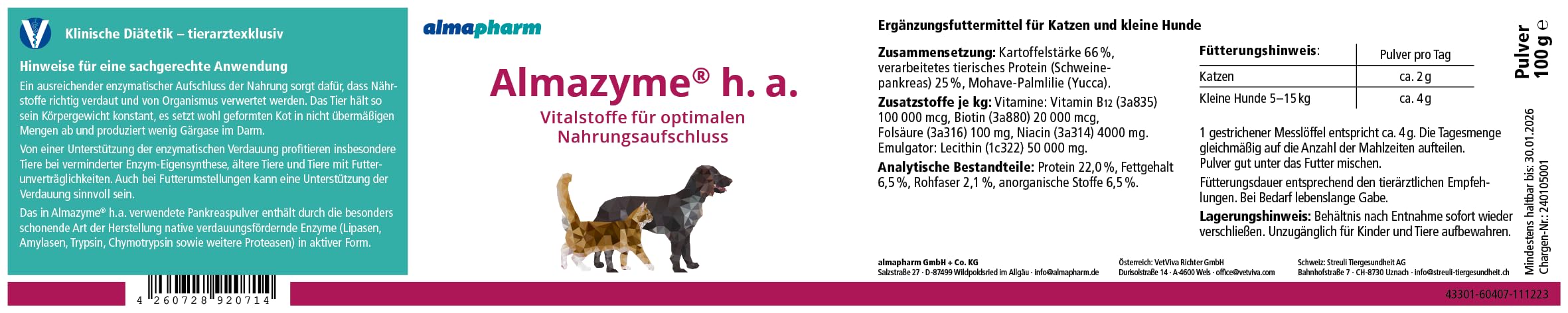 almapharm Almazyme h.a. | Doppelpack | 2 x 100 g | Ergänzungsfuttermittel für Katzen und Hunde | Vitalstoffe für optimalen Nahrungsaufschluss | Bei Nahrungsunverträglichkeiten