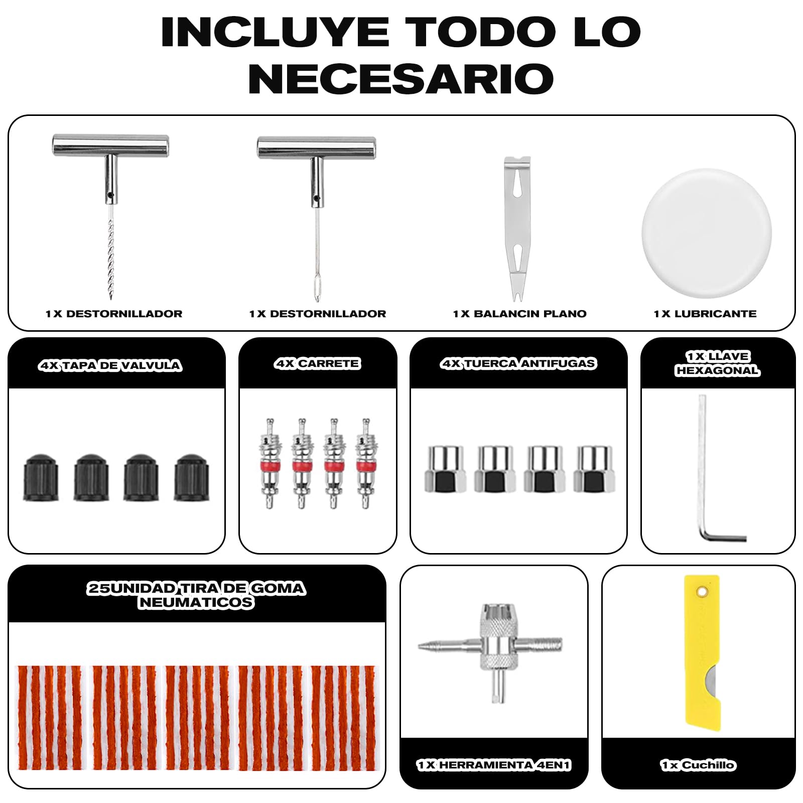 kit profesional de reparación de pinchazos 45 pcs para coche, moto y todoterreno, neumático antipinchazos, mechas y clavos, para emergencias en carretera y montaña