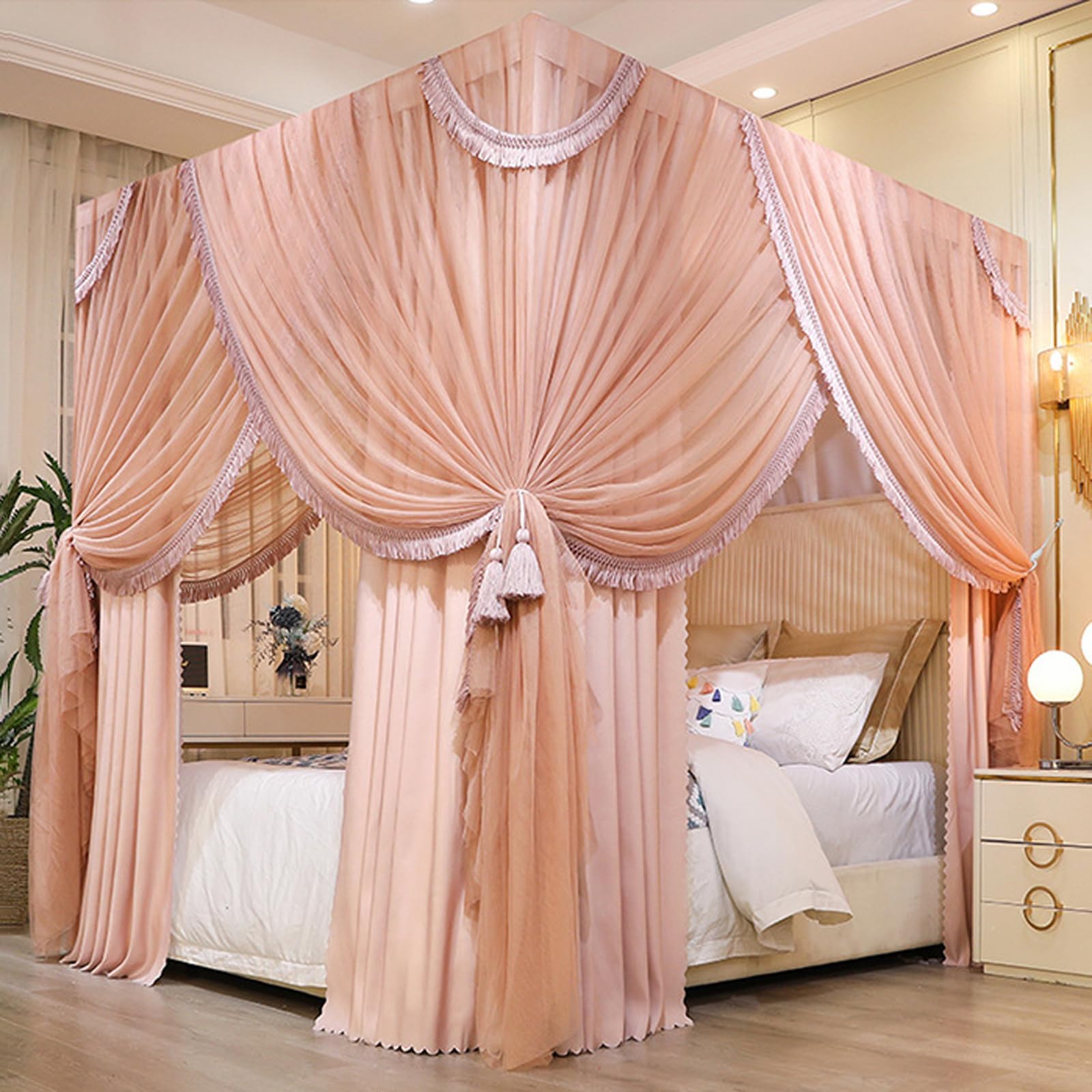 Four Poster Bed Curtains,Four Corner Canopy Bed Curtains,Double Layer Sheer Mesh Canopies Drapes,Luxury Princesses Beds Canopy,Protect Privacy,For Bedroom Decoration