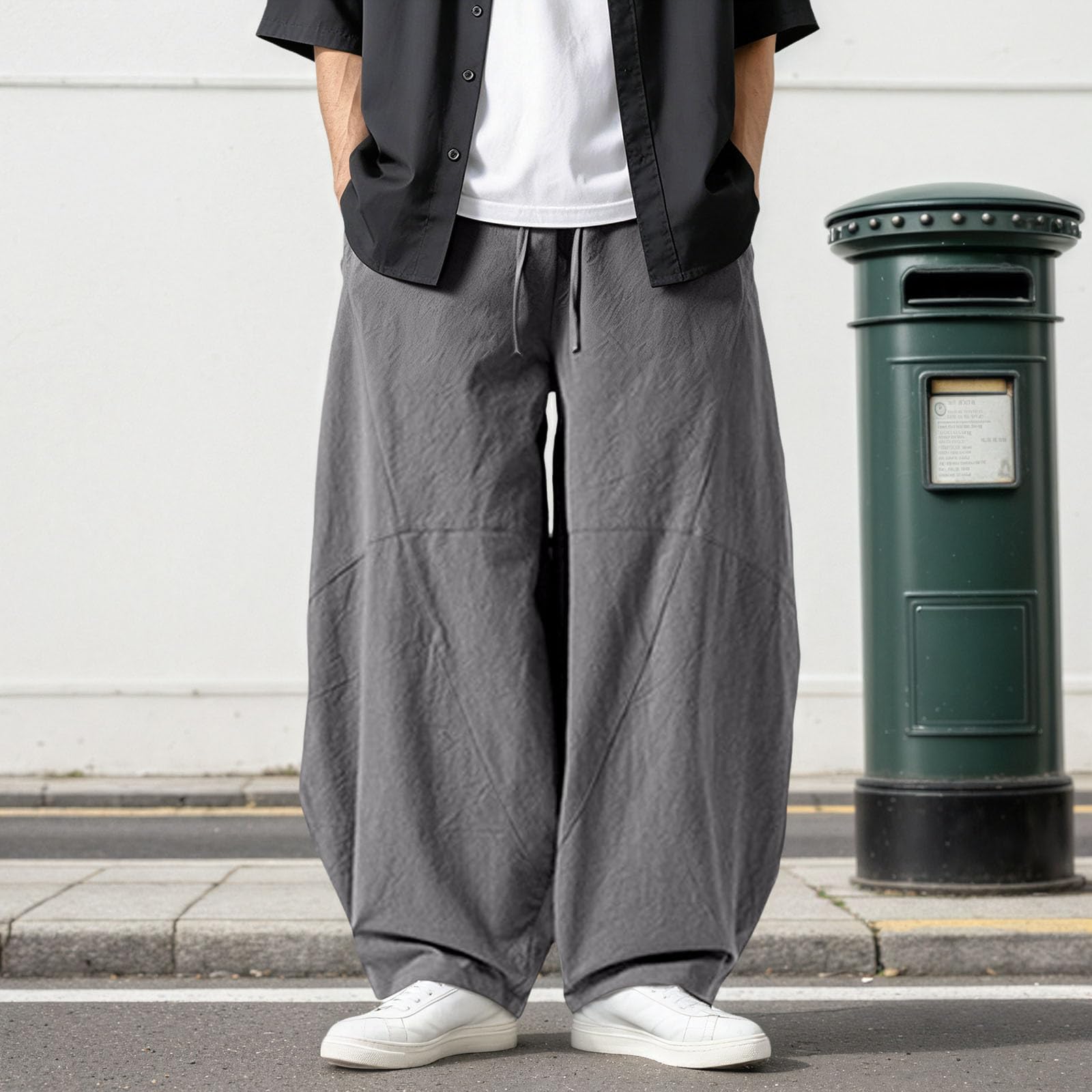 Pantalones de lino para hombre, largos, ligeros, elásticos, sueltos, informales, con bolsillos, harén, de lino, pantalones de yoga, pantalones piratas largos, hippie, pantalones casuales, holgados