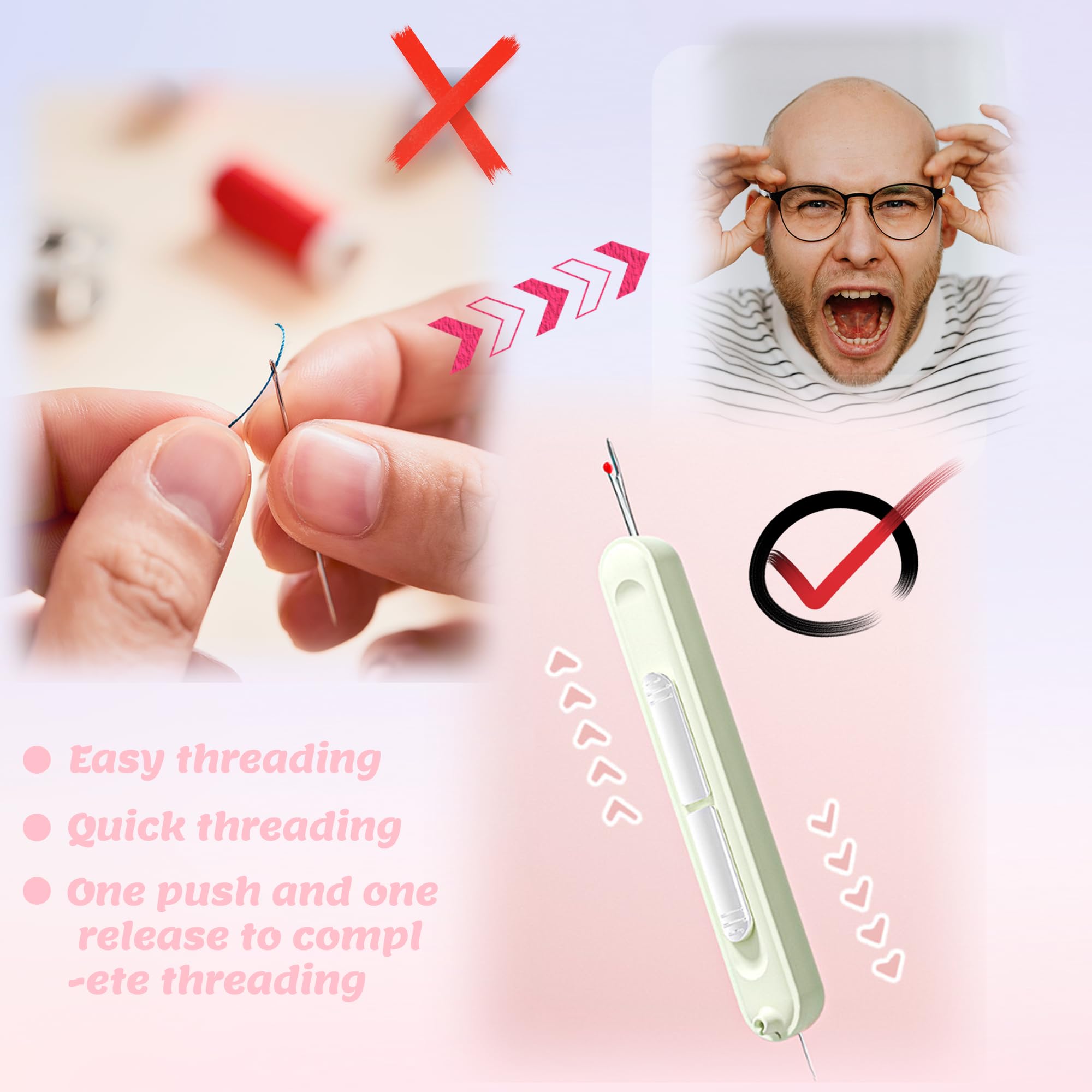 3 Pack Needle Threader, 2025 Upgraded Plug-in 2 in 1 Needle Threader Seam Ripper Tool, Stretchable Remover Tool for Hand Sewing, Knitting, Cross Stitch, Embroidery, Thread Removal (3color)