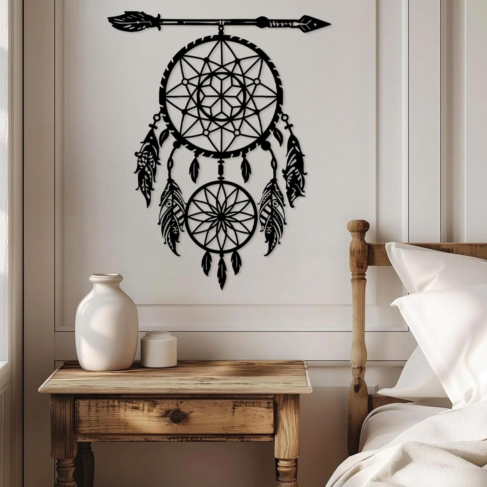 Atrapasueños de Metal Negro, decoración de Pared de Metal, Arte Nativo Americano Bohemio de Metal, Escultura Moderna Decorativa para Sala de Estar, Dormitorio, Pasillo y escaleras.
