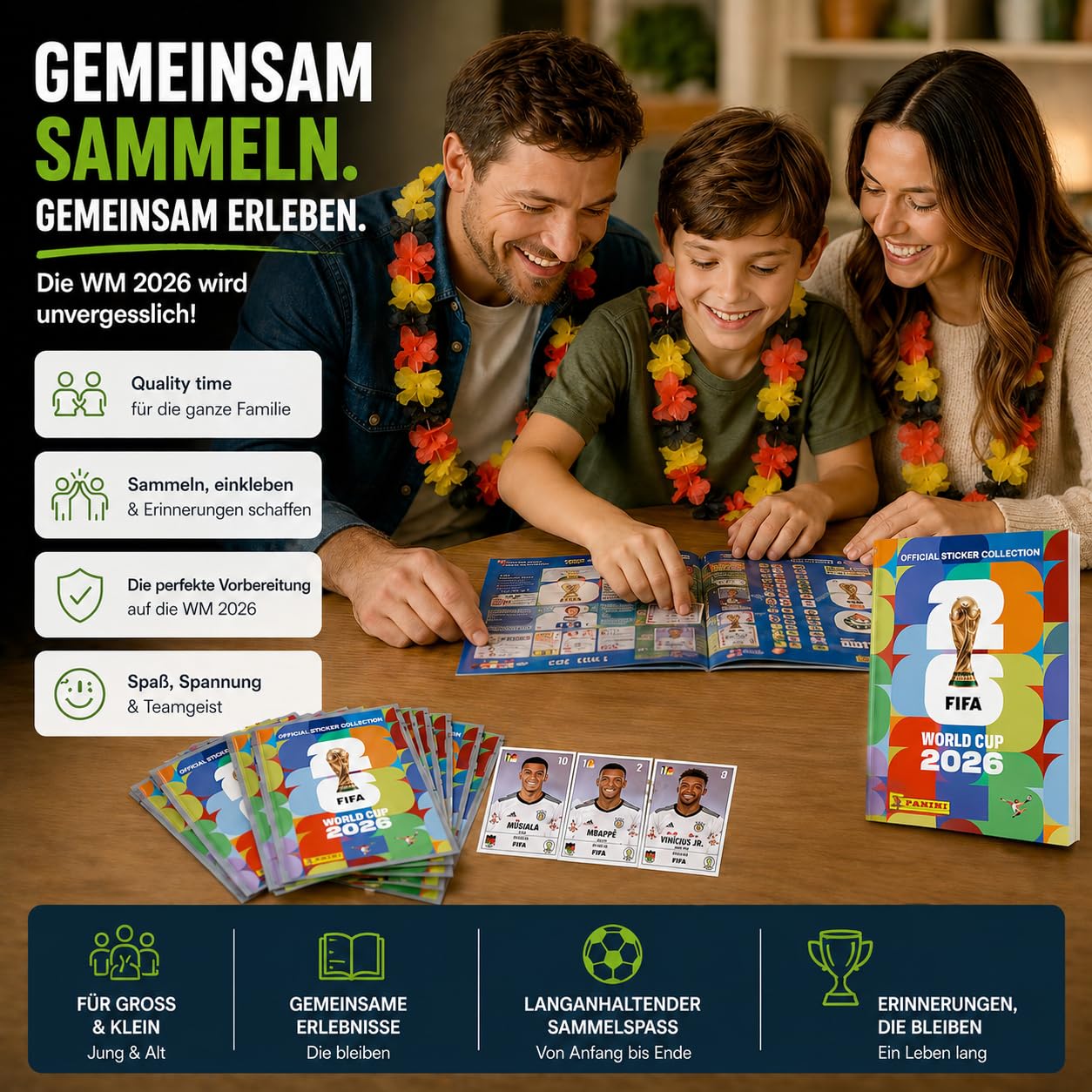 Set Panini Copa Mundial 2026 Álbum & Stickers – Tarjetas de Fútbol Coleccionables con Calendario de Partidos, Collar de Flores Alemania & Álbum Panini (10 Sobres / 70 Stickers) - 3