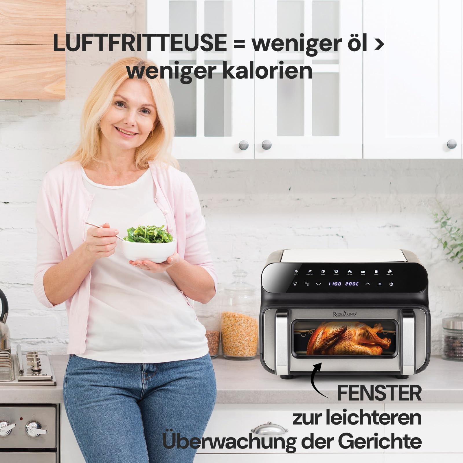 Rosmarino Infinity MasterPro Heißluftfritteuse Airfryer 10L - Multifunktion 5-in-1: Heißluftfritteuse, Elektrogrill, Backofen, Dehydrator, Mikrowelle | Große Familiengröße | Energiesparend