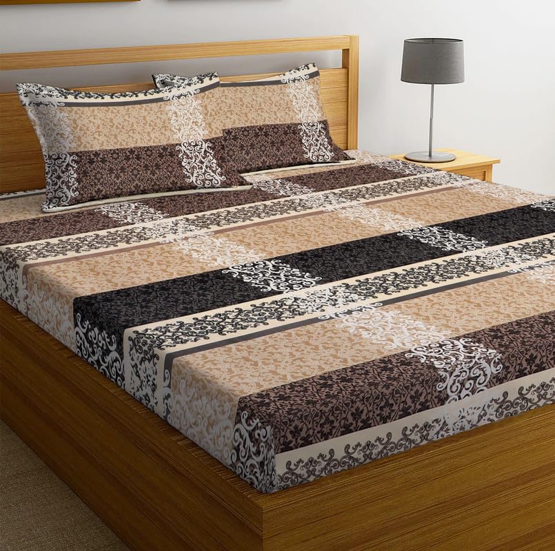 Image of la' amour Cotton Flat Double Bedsheets with 2 King Size Pillow Covers | Double Bed Breathable | Wrinklefree | Ultrasoft 180-220 tc Supersoft Floral | 90x90 Inches, Beige Brown