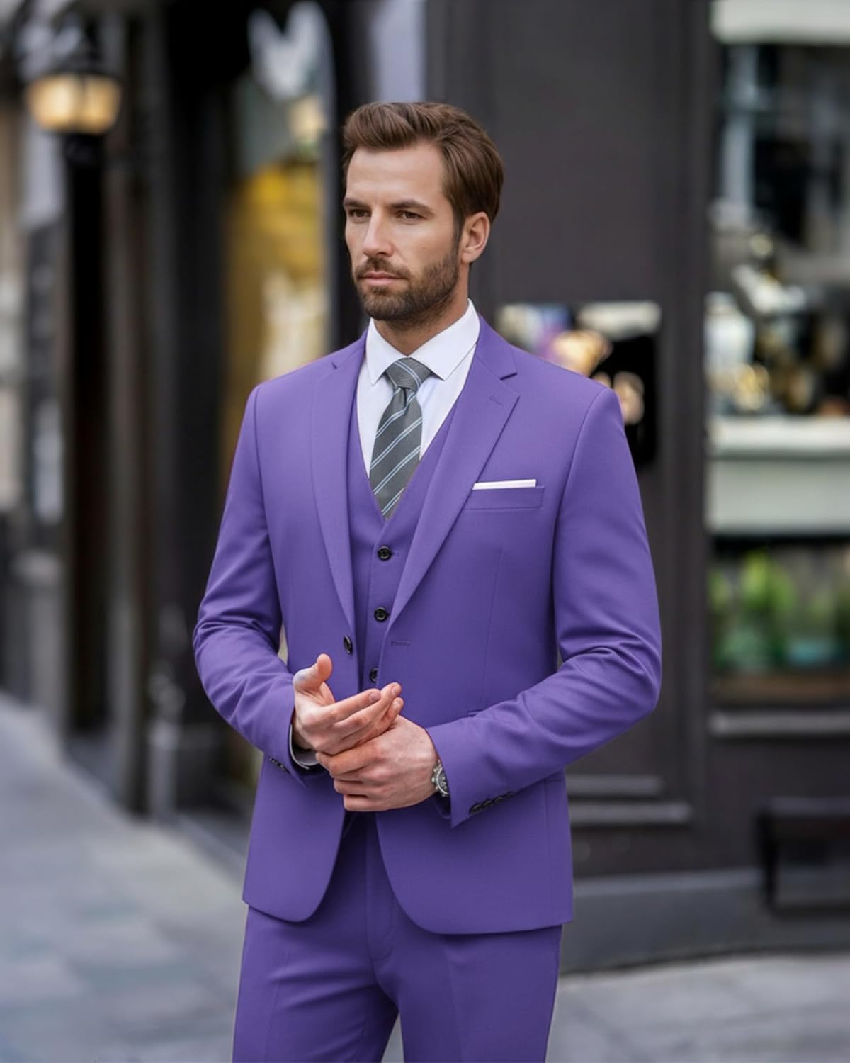 EastSide Men's Slim Fit 3 Pieces , One Button Sets Vest Pants Coat Suit, Purple, Small