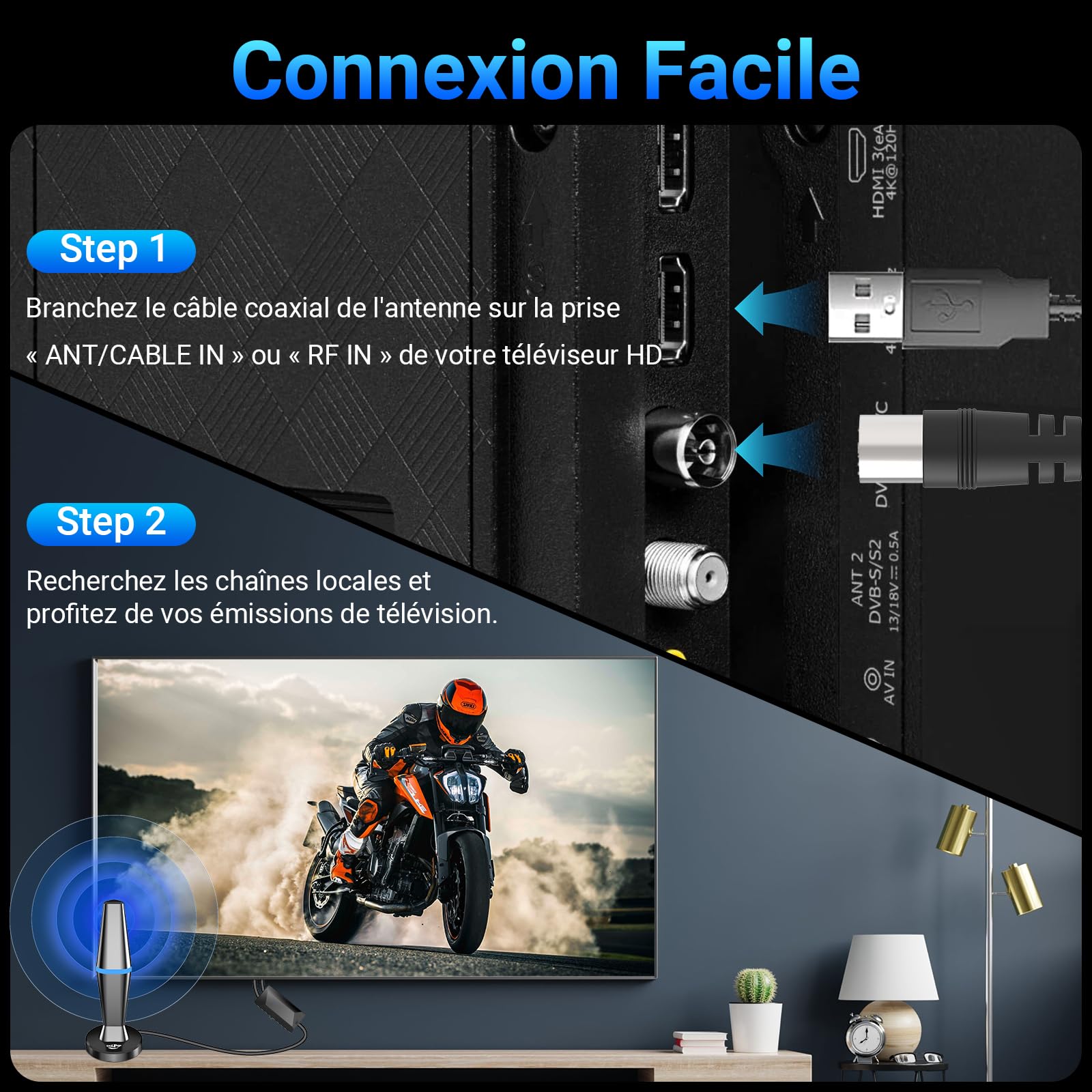 Antenna TV per interni - Antenne TNT per Smart TV con potente base magnetica e amplificatore, lunga portata fino a 80 km, compatibile con tutti i televisori