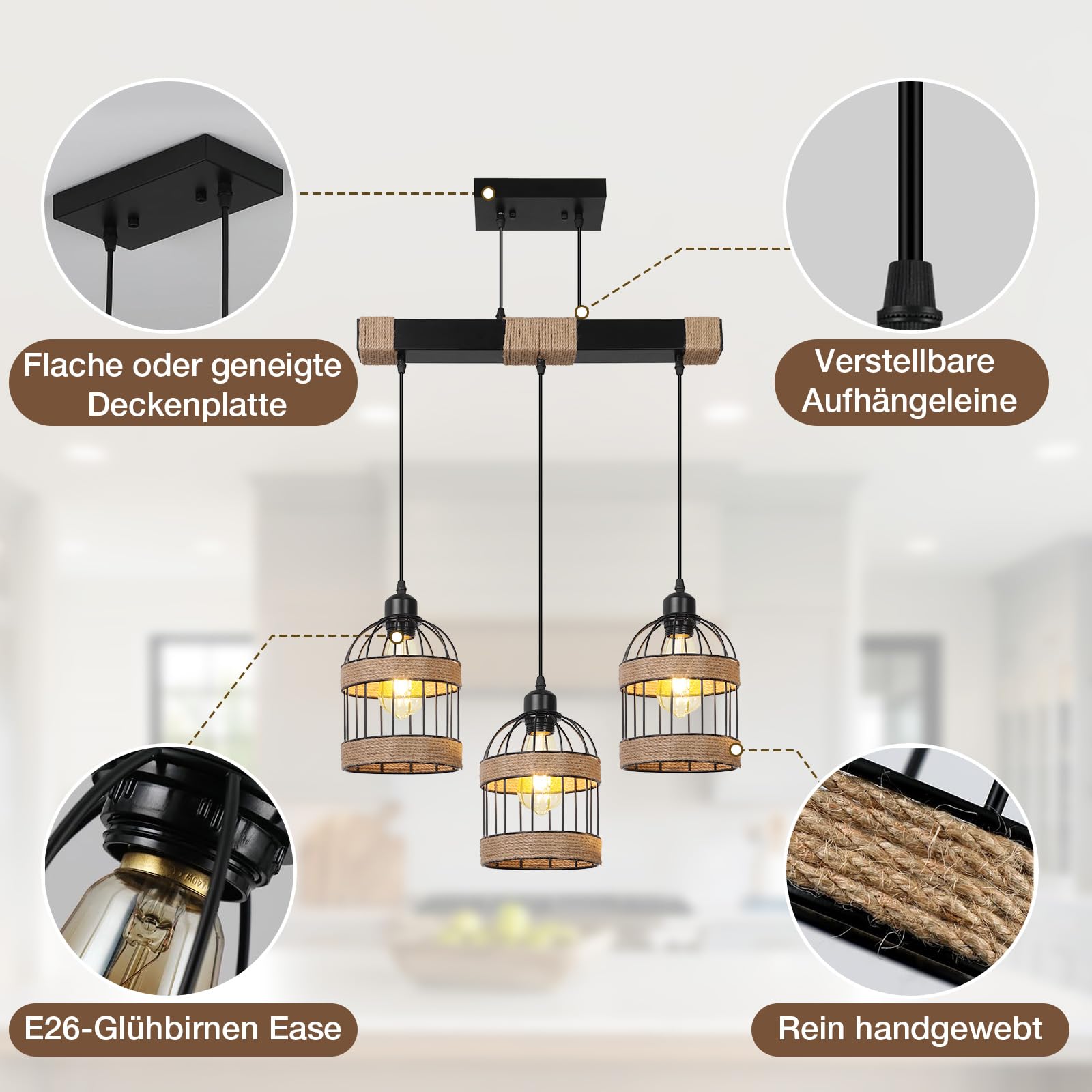 Pendelleuchte Esstisch 3-Flammig Höhenverstellbar,Schwarz Hängelampe Vintage mit Eisenkäfig,E27 Hanfseil Hängeleuchte Esstischlampe Hängend für Küche,Wohnzimmer,Esszimmer,Café