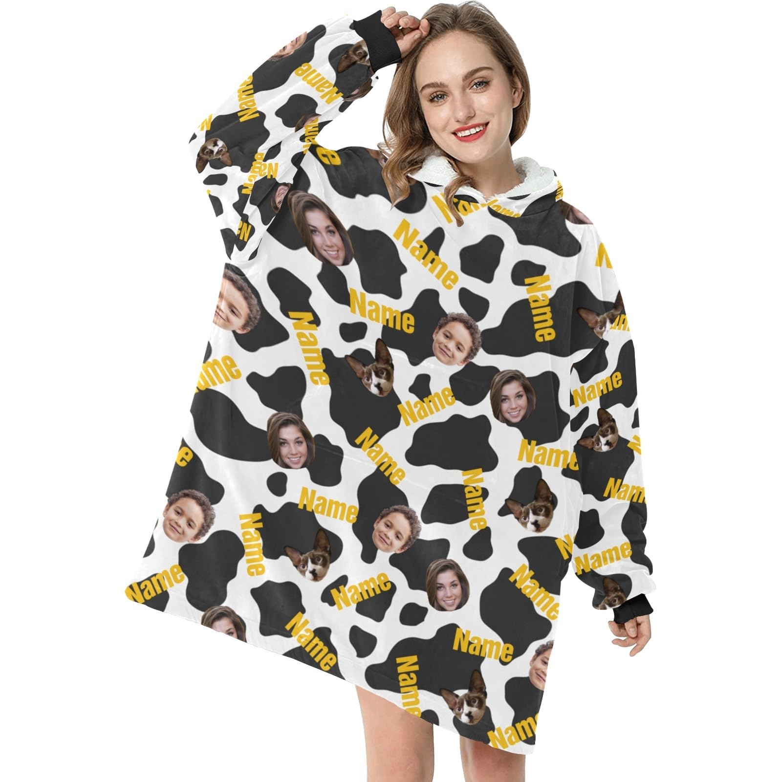 Personalized Photo Face Wearable Blanket For Kid, Custom Fleece Wearable Blanket, Customized Blanket Hoodie With Image, Unisex, Black White Cow Pattern, Gifts For Boys and Girls